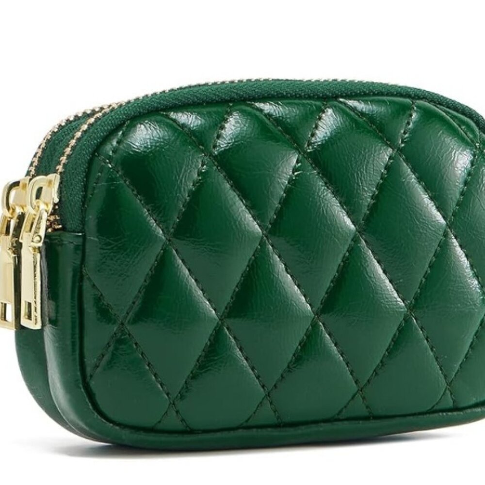 Unbranded Soft Quilted 100% Leather Coin Purse Key Chain in Dark Green, NEW